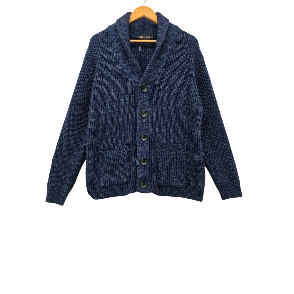 Voboom Mens Shawl Collar Cardigan Sweater Blue Marled Chunky Wool Blend Large L